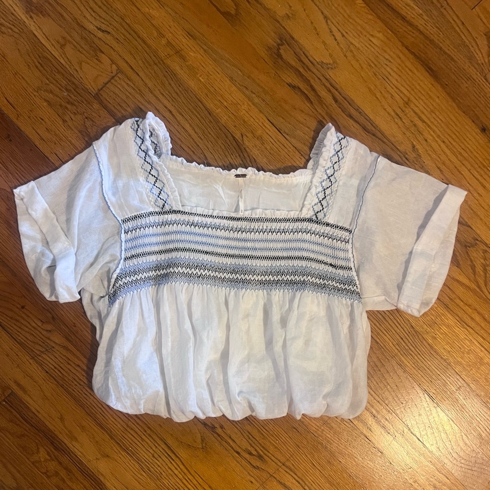 Free People White and Blue Embroidered Blouse - Picture 2 of 6